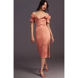 Anthropologie Orange Gold Ruffled Sheath Dress